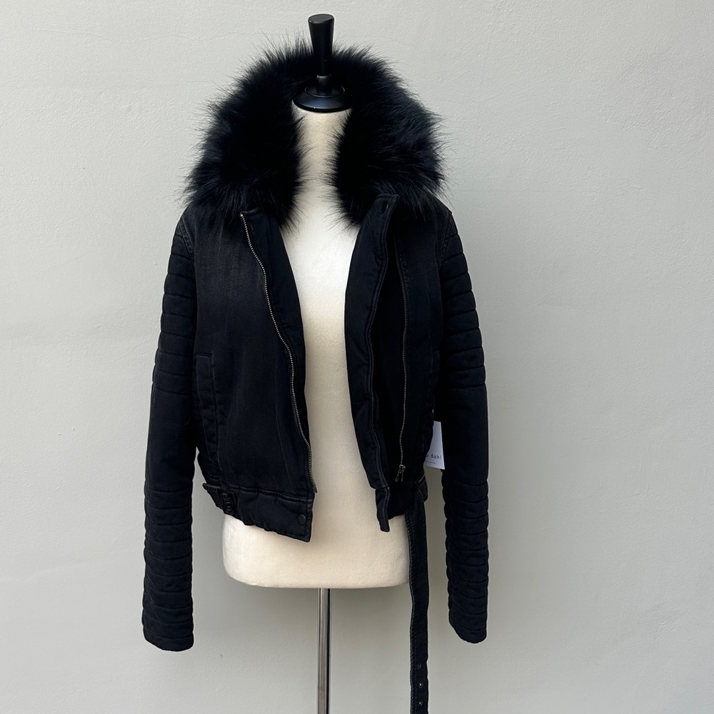 BELLA DAHL NWT Black Denim Moto Jacket with Detachable Faux Fur Small